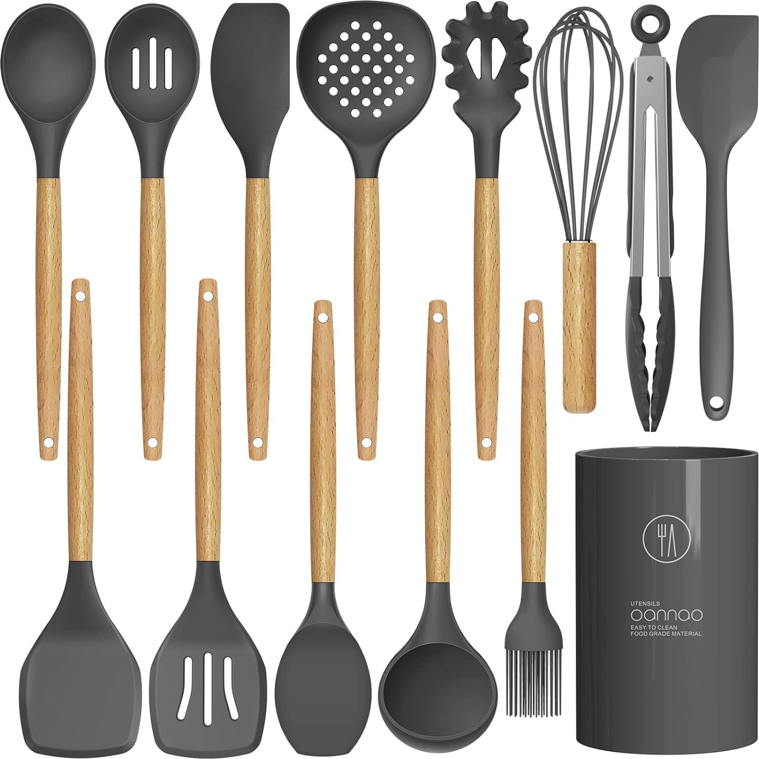 14 Pcs Silicone Cooking Utensils Kitchen Utensil Set - 446°F Heat Resistant,Turner Tongs, Spatula, Spoon, Brush, Whisk, Wooden Handle Gray Gadgets with Holder for Nonstick Cookware (BPA Free)