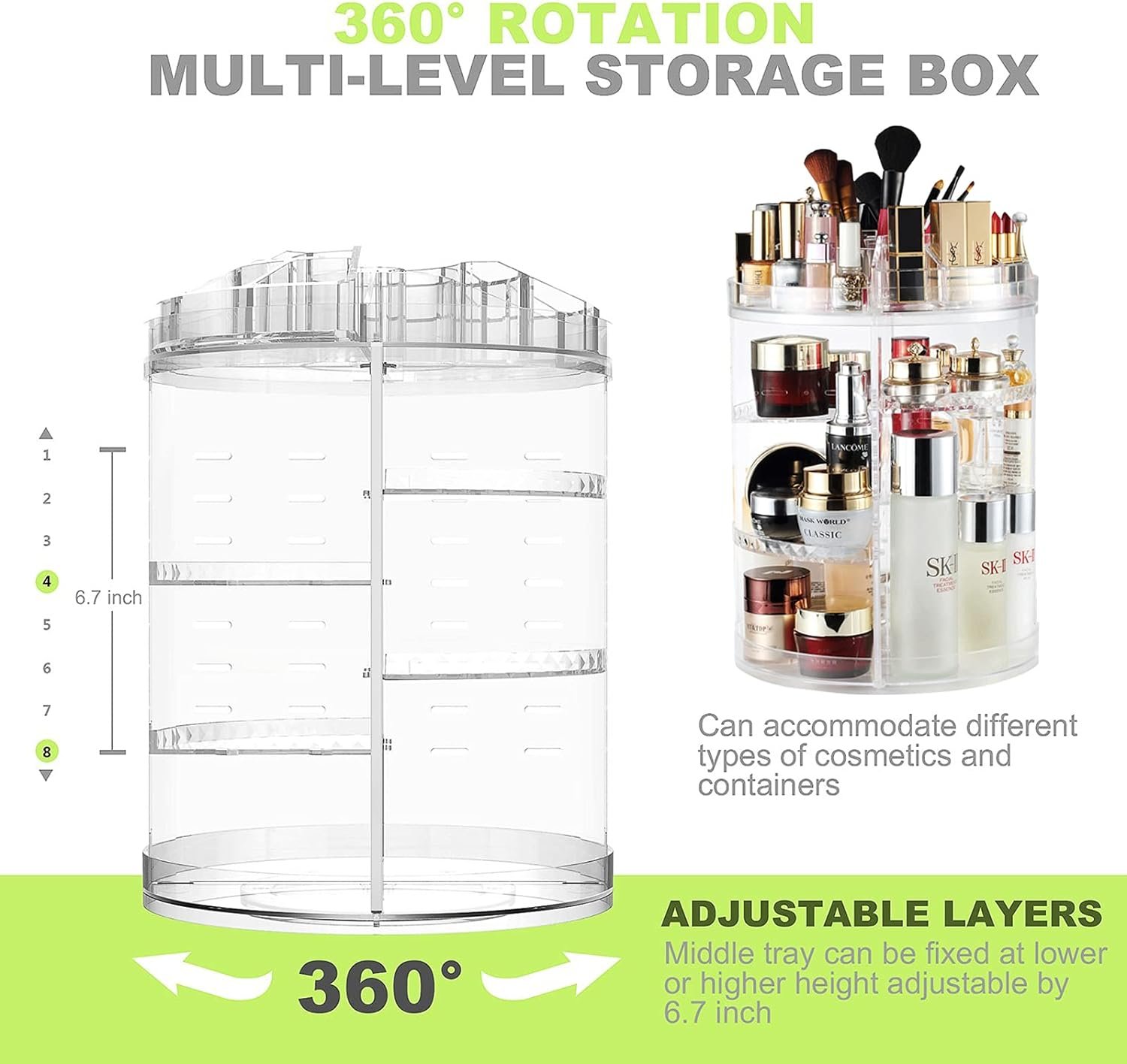 AMEITECH Makeup Organizer, 360 Degree Rotating Adjustable Cosmetic Storage Display Case with 8 Layers Large Capacity, Fits Jewelry, Makeup Brushes, Lipsticks and More, Clear Transparent