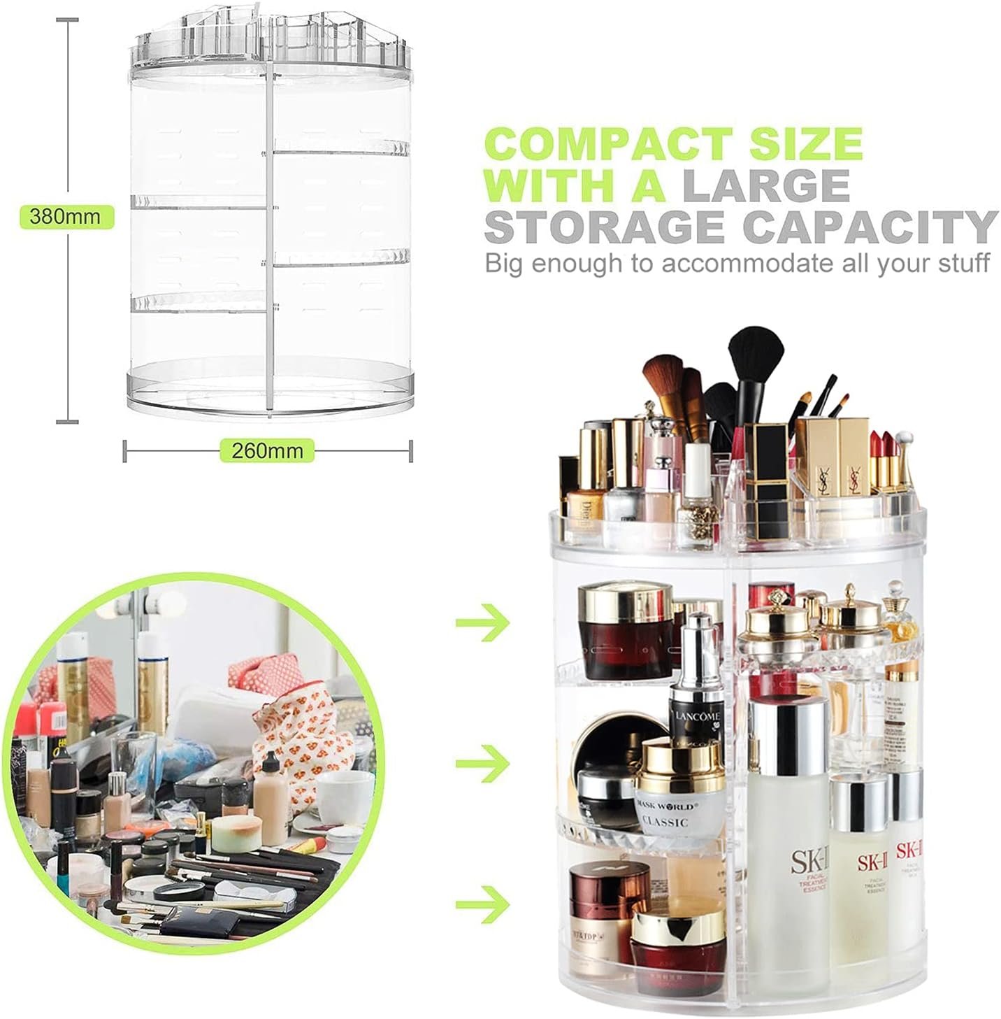 AMEITECH Makeup Organizer, 360 Degree Rotating Adjustable Cosmetic Storage Display Case with 8 Layers Large Capacity, Fits Jewelry, Makeup Brushes, Lipsticks and More, Clear Transparent