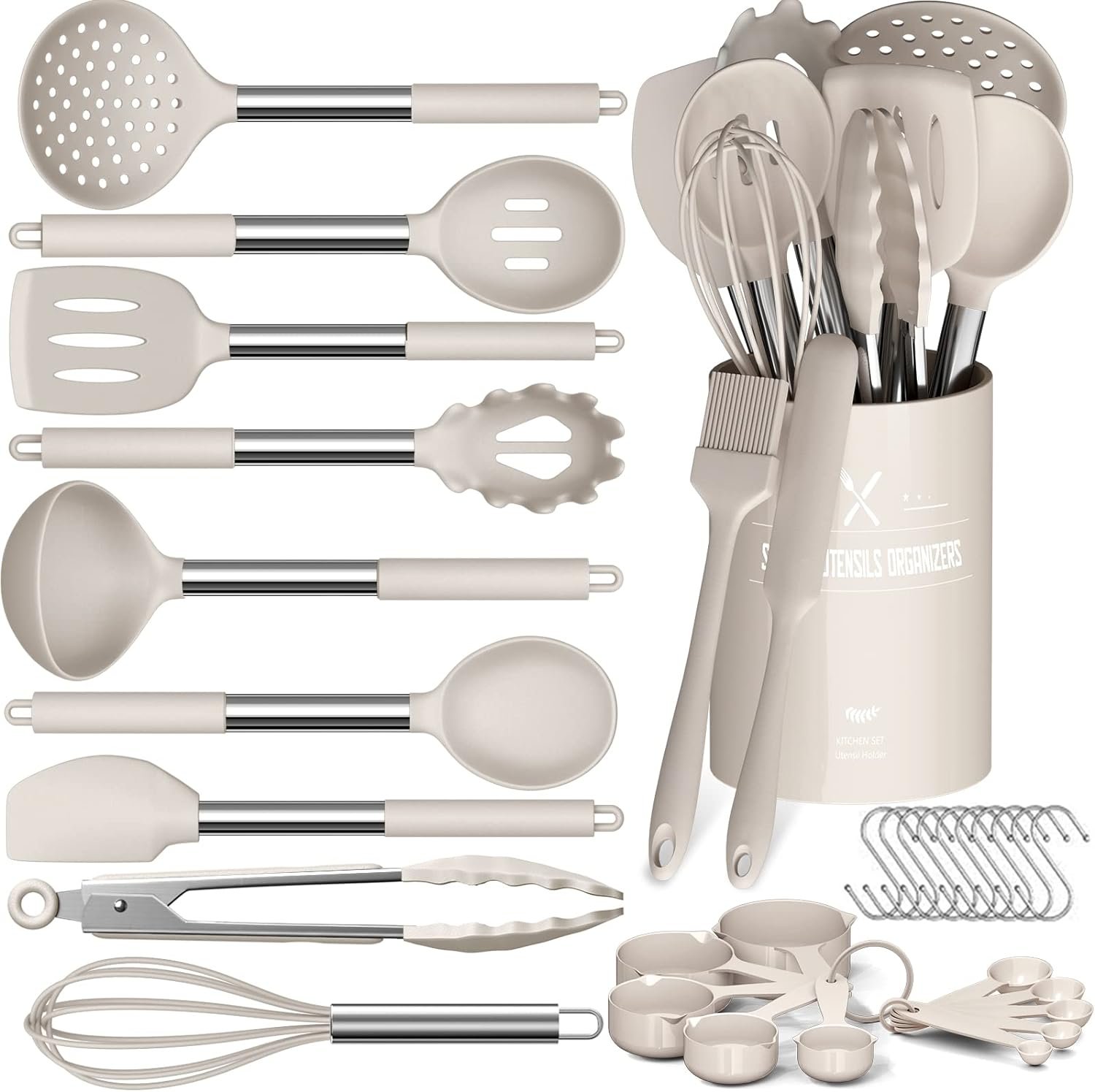 Kitchen Cooking Utensils Set- 33PC Silicone Kitchen Utensils Set - Non-Stick Kitchen Utensils with Spatula,Kitchen Tools Gadgets with Stainless Steel Handle (Khaki)