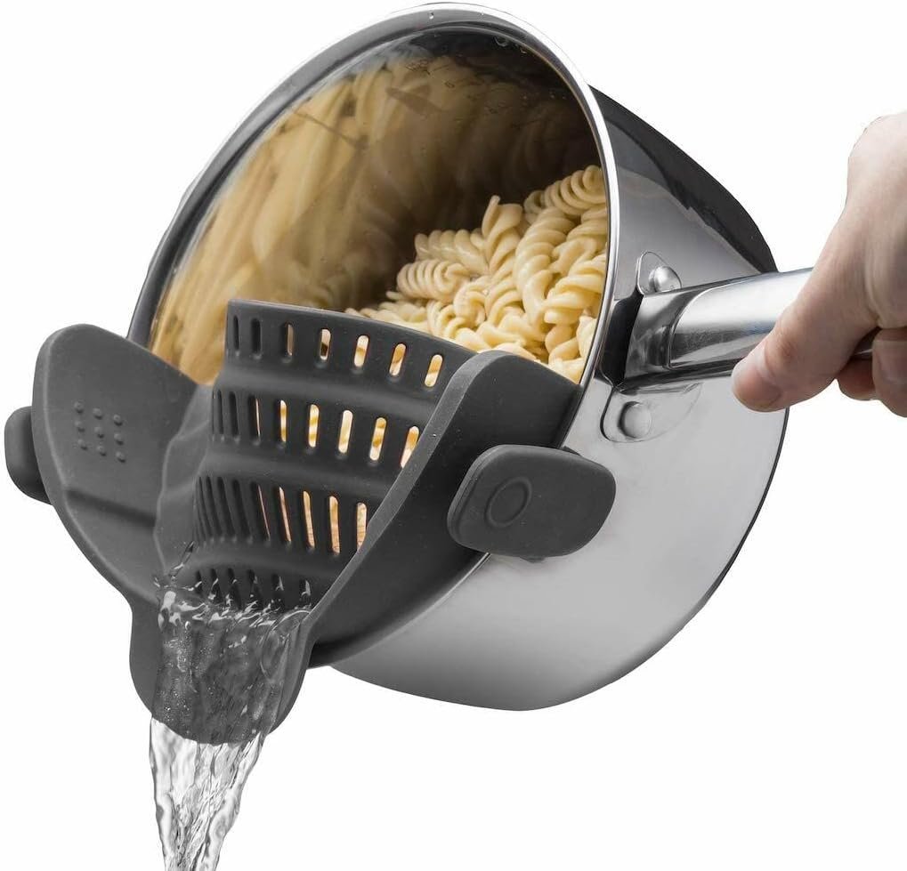 Kitchen Gizmo Snap N Strain Pot Strainer and Pasta Strainer - Adjustable Silicone Clip On Strainer for Pots, Pans, and Bowls - Kitchen Colander, Kitchen Gadgets, Noodle Strainer, Food Strainer - Gray