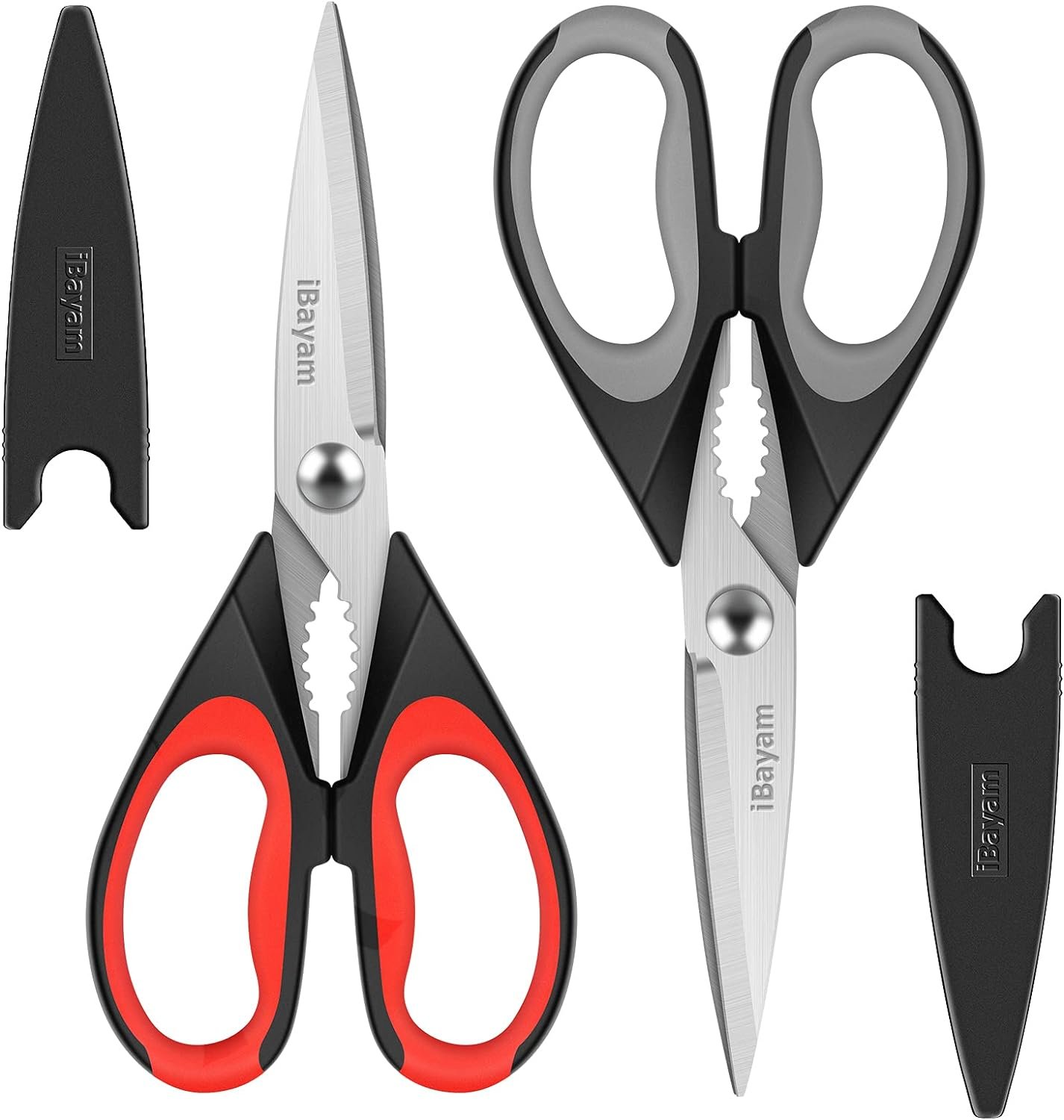 Kitchen Shears, iBayam Kitchen Scissors All Purpose Heavy Duty Meat Scissors Poultry Shears, Dishwasher Safe Food Cooking Scissors Stainless Steel Utility Scissors, 2-Pack (Black Red, Black Gray)