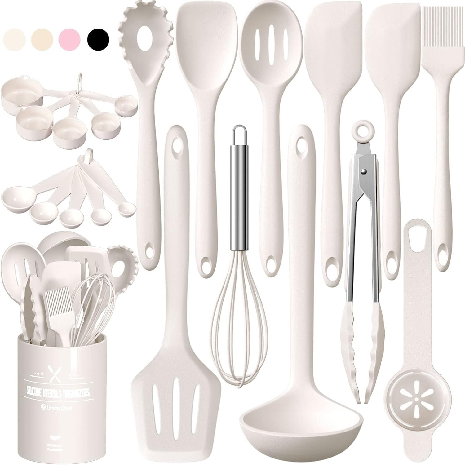 Kitchen Utensils Set, Umite Chef 22Pcs Silicone Cooking Utensils Set, Heat Resistant Silicone Kitchen Spatulas Set with Holder, White Cooking Gadgets Tools Set for Nonstick Cookware, Dishwasher Safe