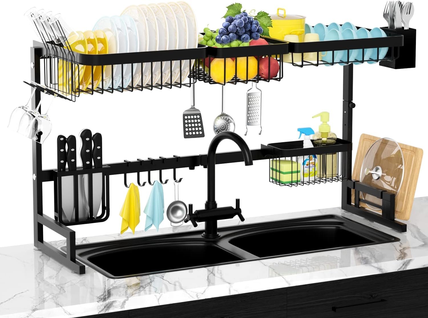 MERRYBOX Over The Sink Dish Drying Rack (33.4-41.3) Large Upgraded 2 Tier Length  Height Adjustable Stainless Steel Dishes Drainer for Kitchen Counter Space Saving Storage Organizer, Black