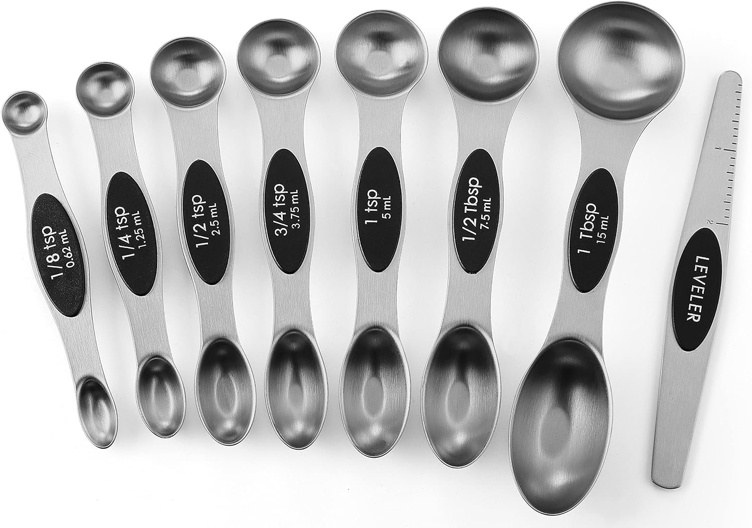 Spring Chef Magnetic Measuring Spoons Set, Dual Sided, Stainless Steel, Fits in Spice Jars, Black, Set of 8