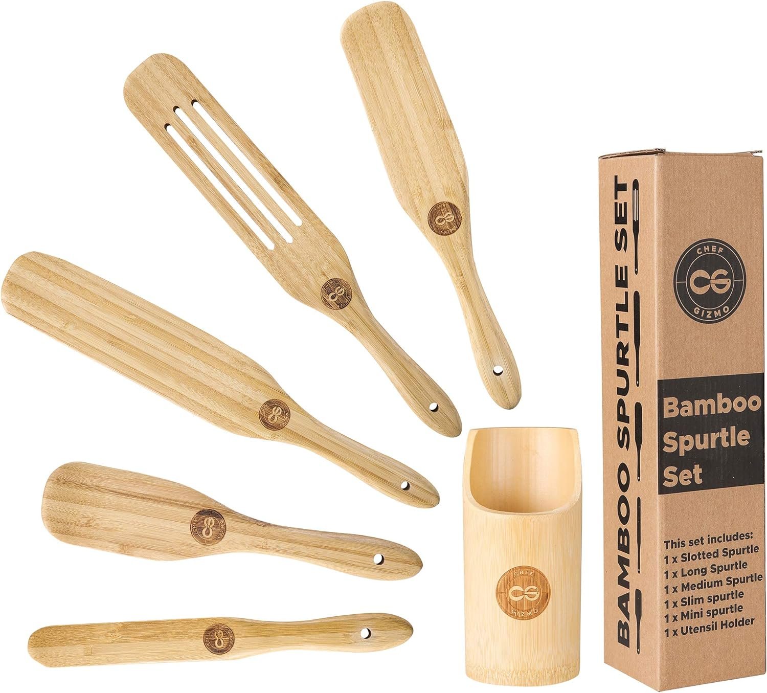 Spurtle Set Bamboo Spurtles Kitchen Tools - Spurtle Wooden cooking Utensils set - Nonstick wooden Cooking Utensils- Wooden Spurtle Set 5 spatula with Utensil holder-Stir, Scrape, Smash.