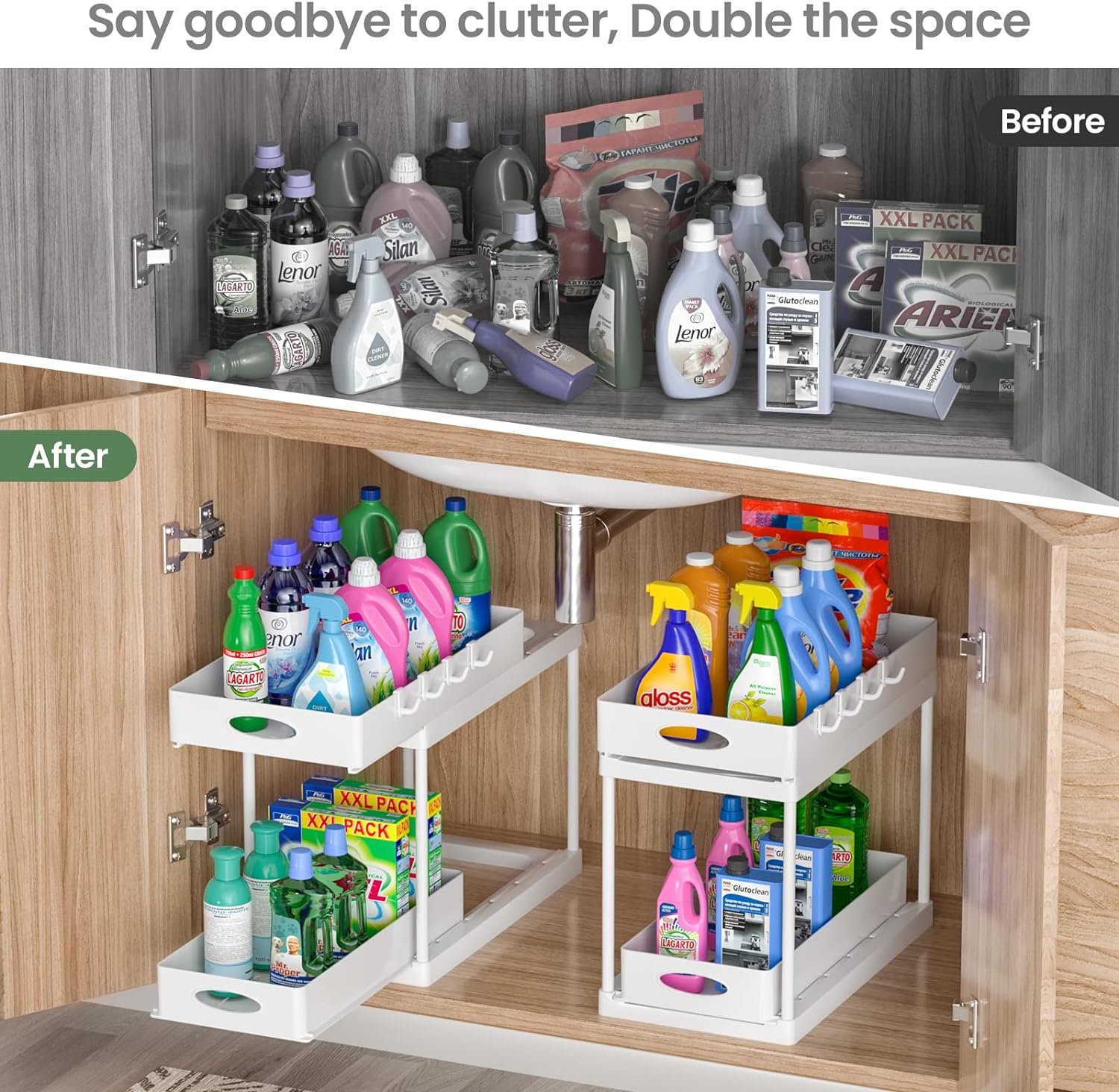 Under Sink Organizer, Avaspot 2 Pack Double Sliding Under Cabinet Storage Easy Access Pull Out Organizer, Multi-Use Under Sink Organizers and Storage for Kitchen Bathroom