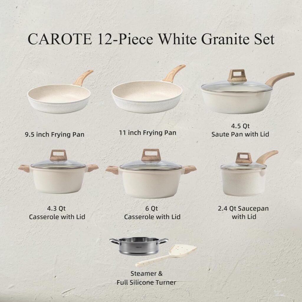 CAROTE Pots and Pans Set Nonstick, White Granite Induction Kitchen Cookware Sets, 11 Pcs Non Stick Cooking Set w/Frying Pans  Saucepans(PFOS, PFOA Free)