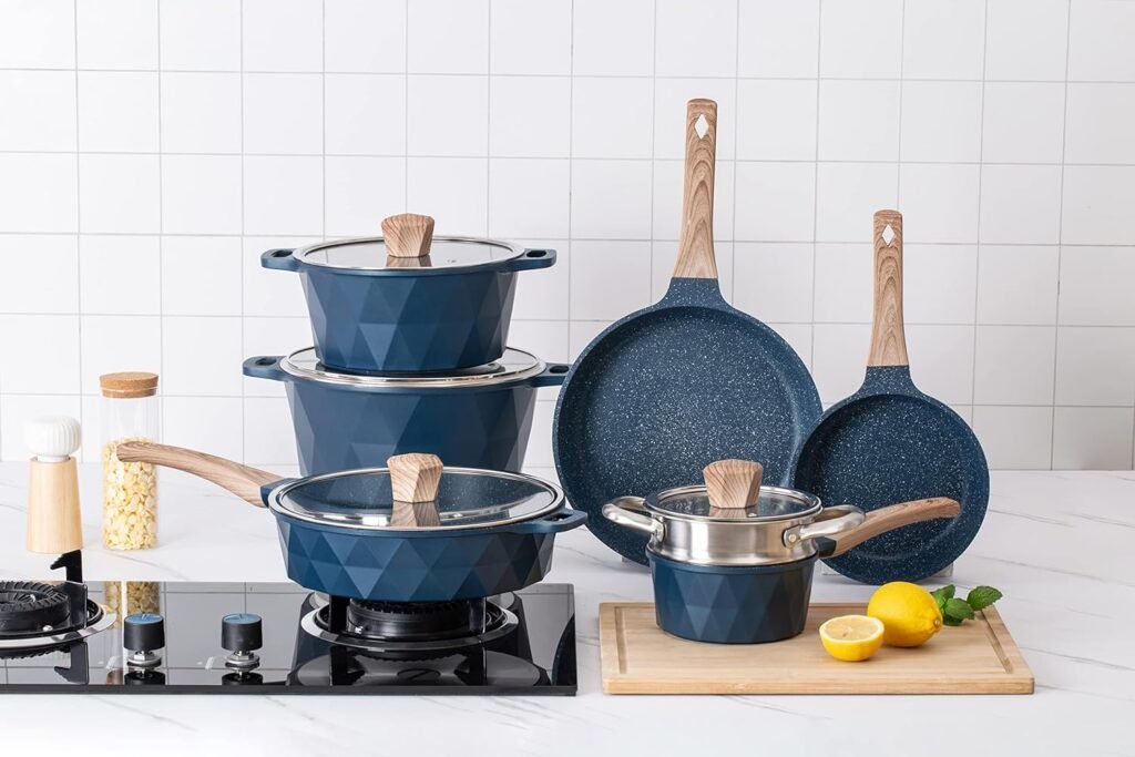 Country Kitchen Induction Cookware Sets - 13 Piece Nonstick Cast Aluminum Pots and Pans with BAKELITE Handles, Glass Lids (Navy)