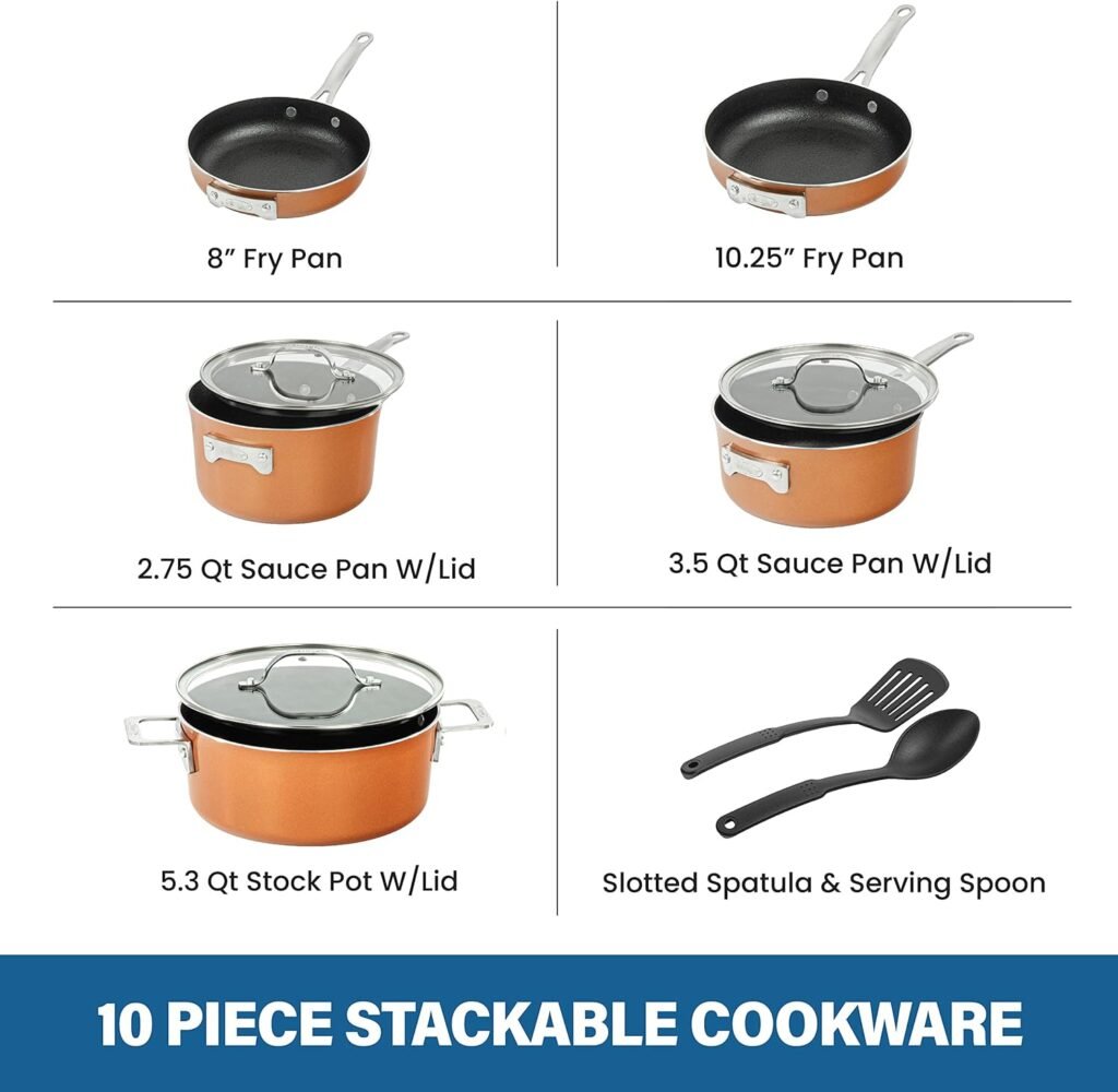 Gotham Steel 10 Pc Copper Pots and Pans Set Nonstick Cookware Set, Kitchen Cookware Sets, Pot and Pan Set, Pot Set, Stackable Pots and Pans Set with Lids, Induction Cookware Set, Dishwasher Safe