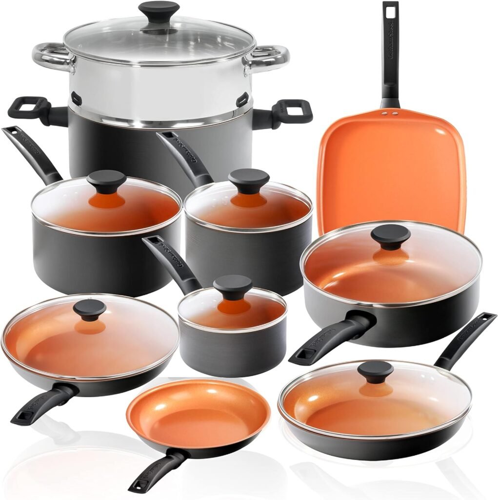 Gotham Steel Pro 17 Piece Pots and Pans Set Nonstick Cookware Set, Complete Hard Anodized Ultra Durable Ceramic Cookware Set for Kitchen, Stovetop/Dishwasher Safe, 100% Healthy and Non Toxic