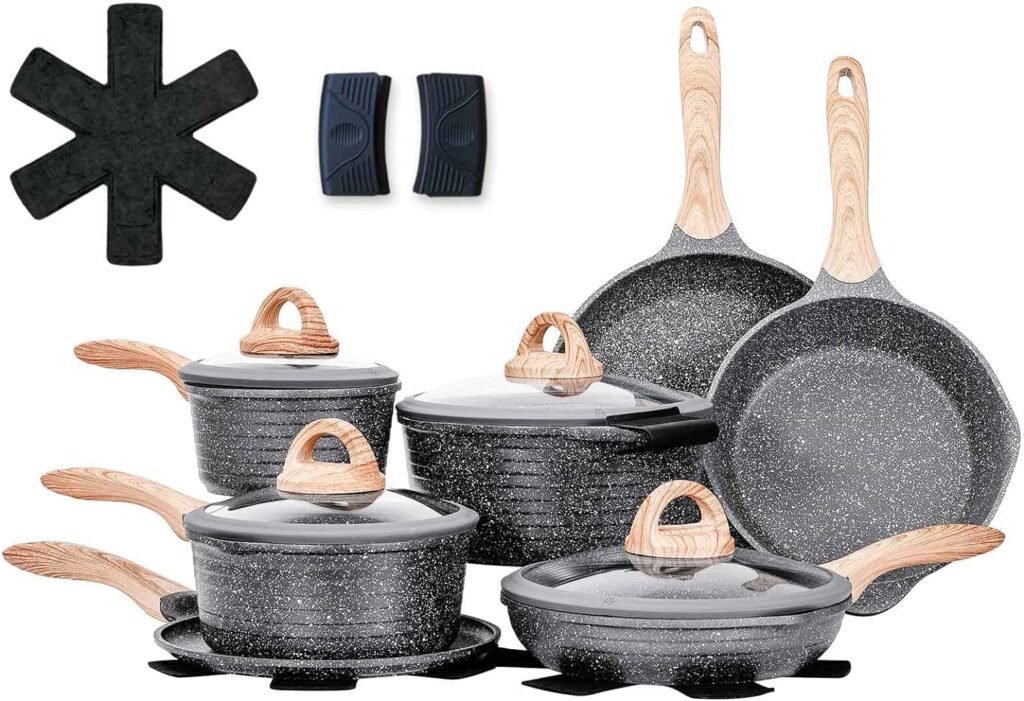 JEETEE Kitchen Cooking Pots and Pans Set Nonstick, Induction Granite Coating Cookware Sets 18 Pieces with Griddle / Saucepan, Frying / Sauté Pan, PFOA Free, (Grey, 18pcs): Home  Kitchen