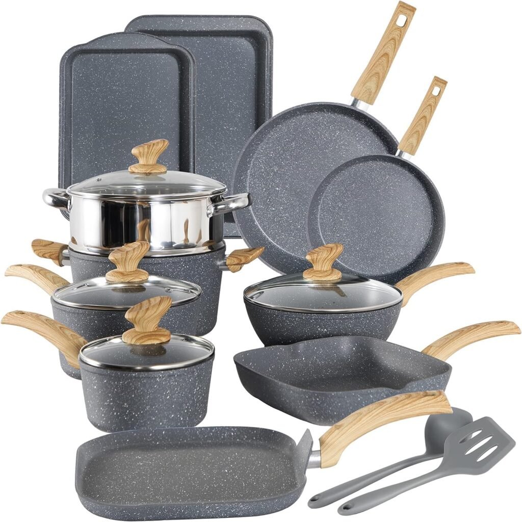 Kitchen Academy Induction Cookware Set - 17 Piece Gray Cooking Pan Set, Granite Non-Stick Pots and Pans Set