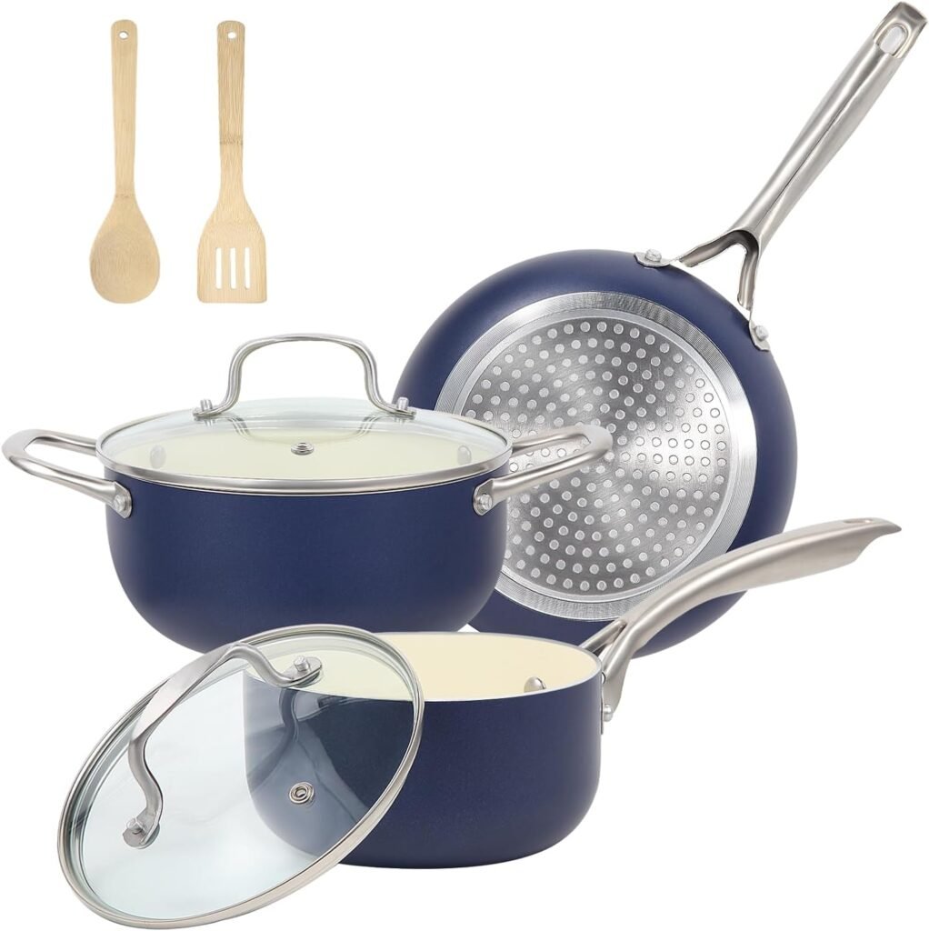 M MELENTA Pots and Pans Set, 7 Piece Nonstick Ceramic Cookware Set, Non Toxic Induction Pots and Pans, Oven Safe Handle  Bamboo Kitchen Utensils, Dishwasher Safe, 100% PFOA Free, Blue