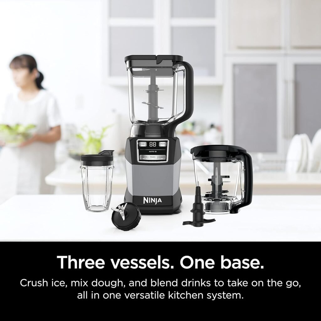 Ninja AMZ493BRN Compact Kitchen System, 1200W, 3 Functions for Smoothies, Dough  Frozen Drinks with Auto-IQ, 72-oz.* Blender Pitcher, 40-oz. Processor Bowl  18-oz. Single-Serve Cup, Grey