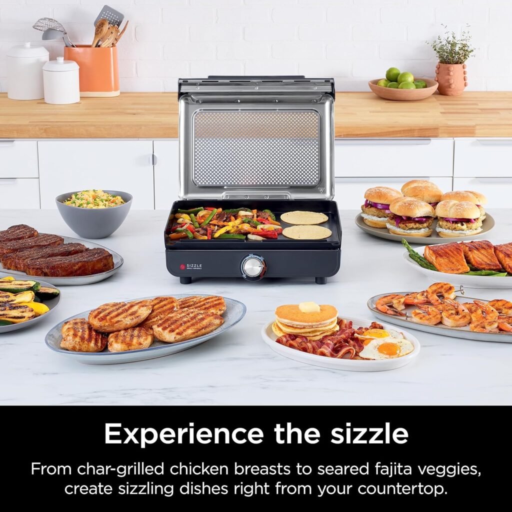 Ninja GR101 Sizzle Smokeless Indoor Grill  Griddle, 14 Interchangeable Nonstick Grill and Griddle Plates, Dishwasher-Safe Removable Mesh Lid, 500F Max Heat, Even Edge-to-Edge Cooking, Grey/Silver