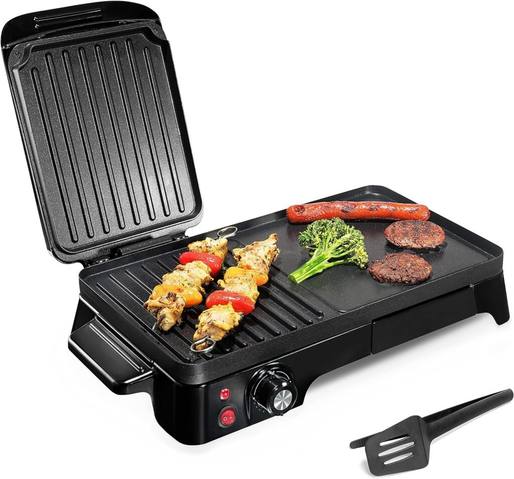 Nutrichef 2-in-1 Panini Press Grill  Griddle | Nonstick Coating, Temperature Control | Multiuse Countertop Sandwich Maker | Removable Drip Tray | 1500W | Compact Electric Griddle | 20.3 x 12.5 x 5.3