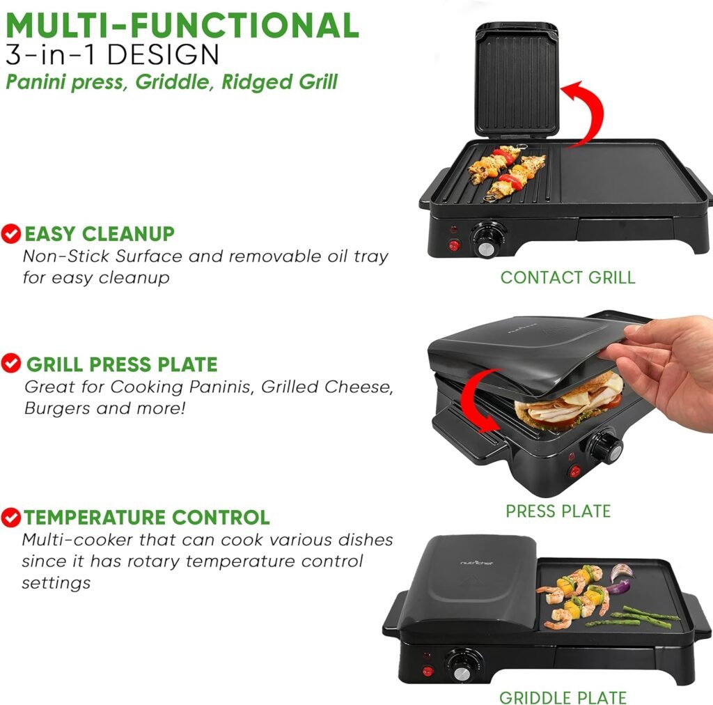 Nutrichef 2-in-1 Panini Press Grill  Griddle | Nonstick Coating, Temperature Control | Multiuse Countertop Sandwich Maker | Removable Drip Tray | 1500W | Compact Electric Griddle | 20.3 x 12.5 x 5.3