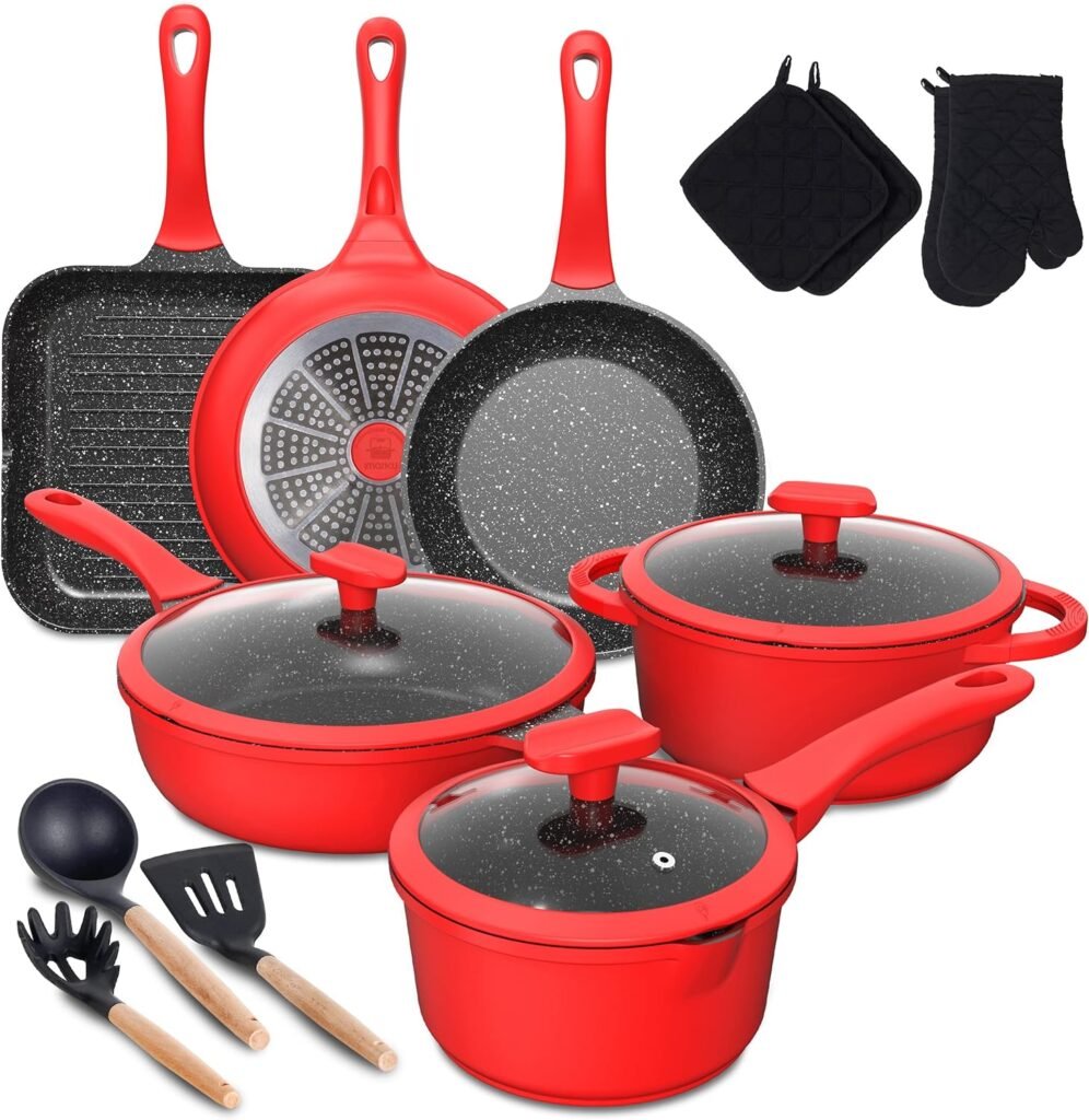 Pots and Pans Set, imarku 16-Piece Cookware Sets Nonstick Granite Coating, Induction Kitchen Cookware Easy to Clean, Cooking Pot Pan Set with Stay-Cool Handle, Kitchen Gadgets 2023 Red